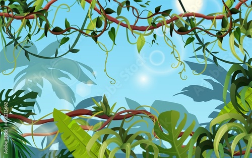 Liana or vine winding branches with tropic leaves background. Cartoon vector illustration. Jungle tropical climbing plants.