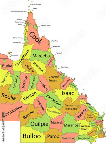 Pastel flat vector administrative map of local government areas of the Australian state of QUEENSLAND, AUSTRALIA with black border lines and name tags of its areas