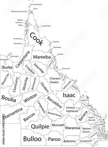 White flat vector administrative map of local government areas of the Australian state of QUEENSLAND, AUSTRALIA with black border lines and name tags of its areas