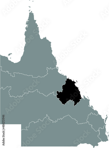 Black flat blank highlighted location map of the MACKAY, ISAAC AND WHITSUNDAY REGION inside gray administrative map of regions of the Australian state of Queensland, Australia