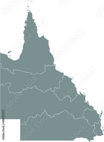 Gray flat blank vector administrative map of regions of the Australian state of QUEENSLAND, AUSTRALIA with white border lines of its regions