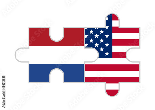 puzzle pieces of netherlands and usa flags. vector illustration isolated on white background