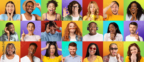 Multiracial millennial people expressing positive emotions, set of portraits