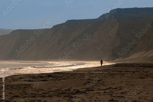  A solitary figure in silhouette walks beneath the cliffs on the shoreline of a beach in the glow of afternoon sunlight. 