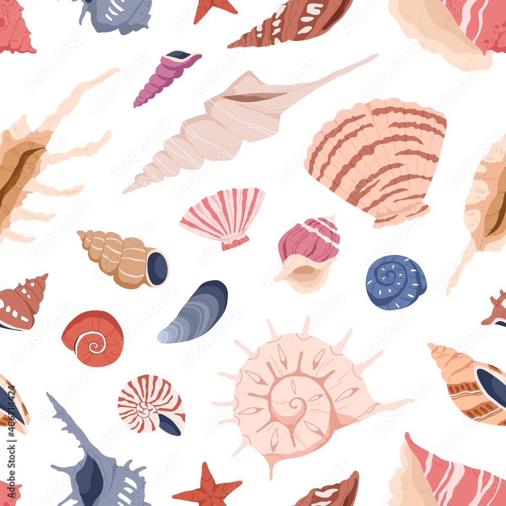 Fototapeta premium Seamless sea pattern with shells. Endless marine background with seashells, mollusks, repeating print. Underwater backdrop design. Colored flat vector illustration for decoration, wrapping, fabric