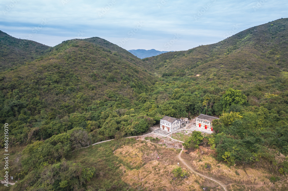 Beautiful aerial view of the remote village, Sham Chung, in Sai Kung