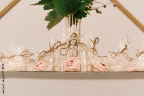 Beautiful candy bar decoration, homemade craft marshmallows in the shape of flowers