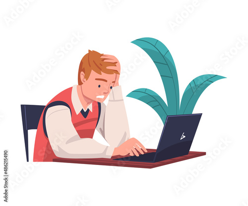 Young Busy Man Character in Stress Feeling Tired and Exhausted Sitting at Laptop Vector Illustration