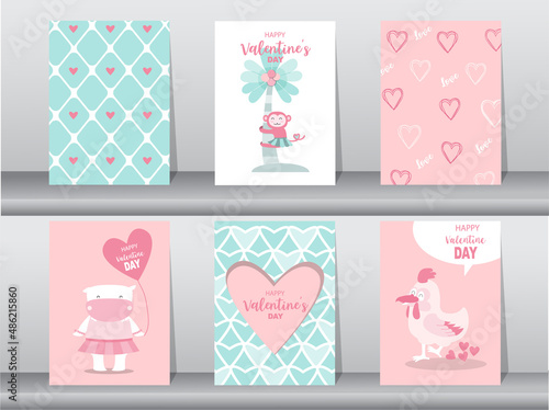 Set of cute animals poster,Design for valentine's day ,template,cards,Vector illustrations.