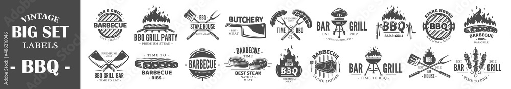 Big collections Vintage Barbecue Grill Labels isolated on white background. Set of BBQ Logo Templates for design. Vector illustrations - obrazy, fototapety, plakaty 