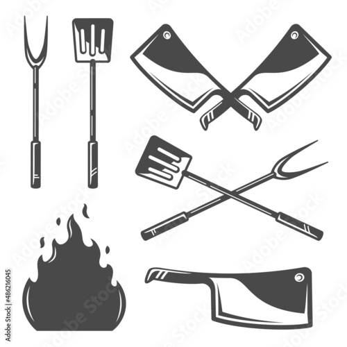 Barbeque Spatula Fork Knife Fire isolated on white background. BBQ Concept. Barbecue Grill Icon Set. Vector illustrations