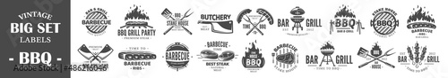 Big collections Vintage Barbecue Grill Labels isolated on white background. Set of BBQ Logo Templates for design. Vector illustrations photo