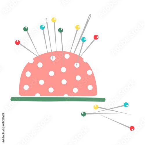 Needle cushion. Sewing accessories. Pins and needles for Portanov. Flat illustration on on a white background.