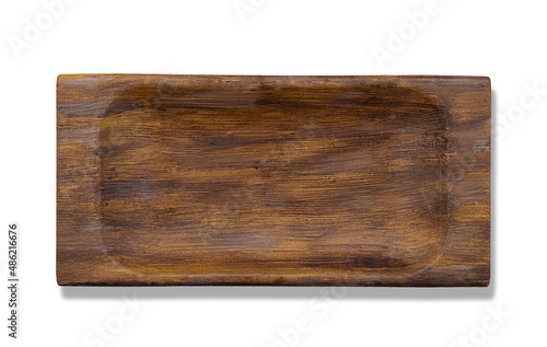 Wooden dish - plate for food on white background. Old trough. Design element