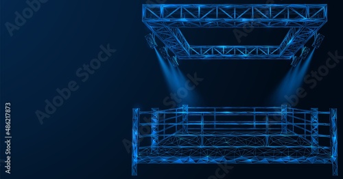Boxing ring. Metal construction with lighting spotlights. Arena for duels. Polygonal design of interconnected lines and points. Blue background.