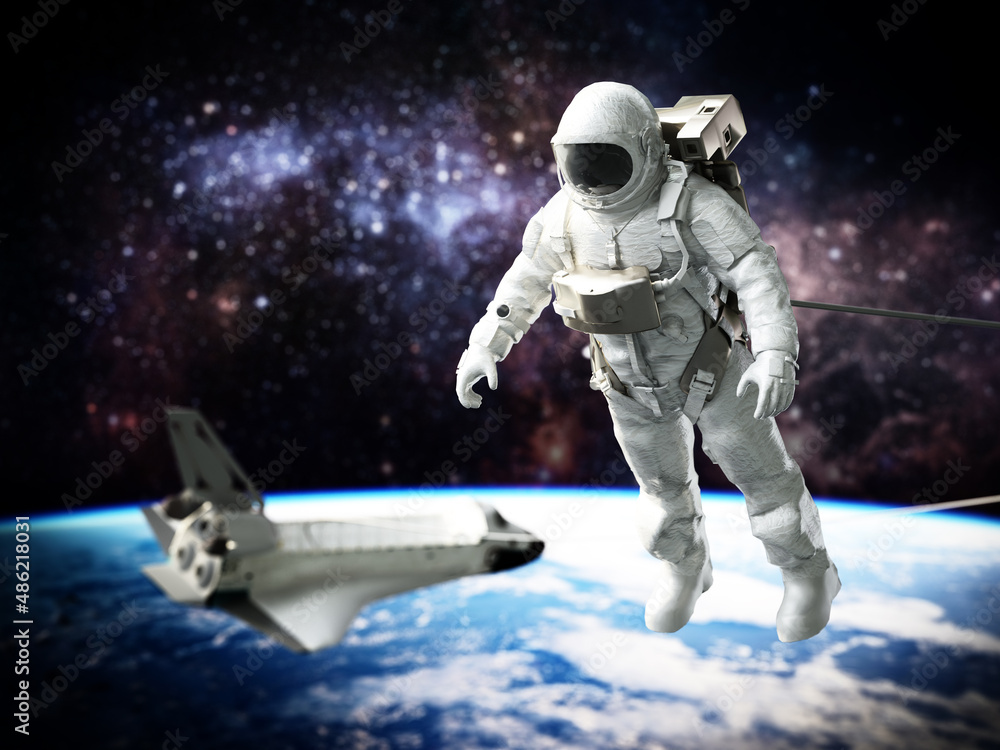 Naklejka premium Spacewalking astronaut with a view of the Earth and space shuttle at the background. 3D illustration
