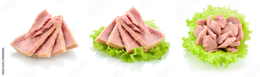 Tuna fish isolated. Canned tuna on green salad leaf. Tuna can on white background. Collection.