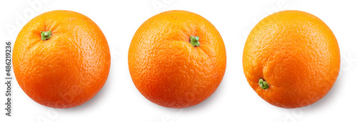 Orange fruit isolated top view. Orang whole flat lay on white background. High angle view. Full depth of field.