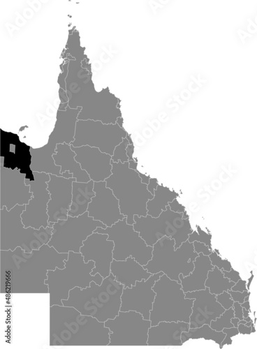 Black flat blank highlighted location map of the SHIRE OF BURKE AREA inside gray administrative map of areas of the Australian state of Queensland, Australia