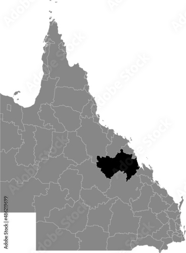 Black flat blank highlighted location map of the ISAAC REGION AREA inside gray administrative map of areas of the Australian state of Queensland, Australia