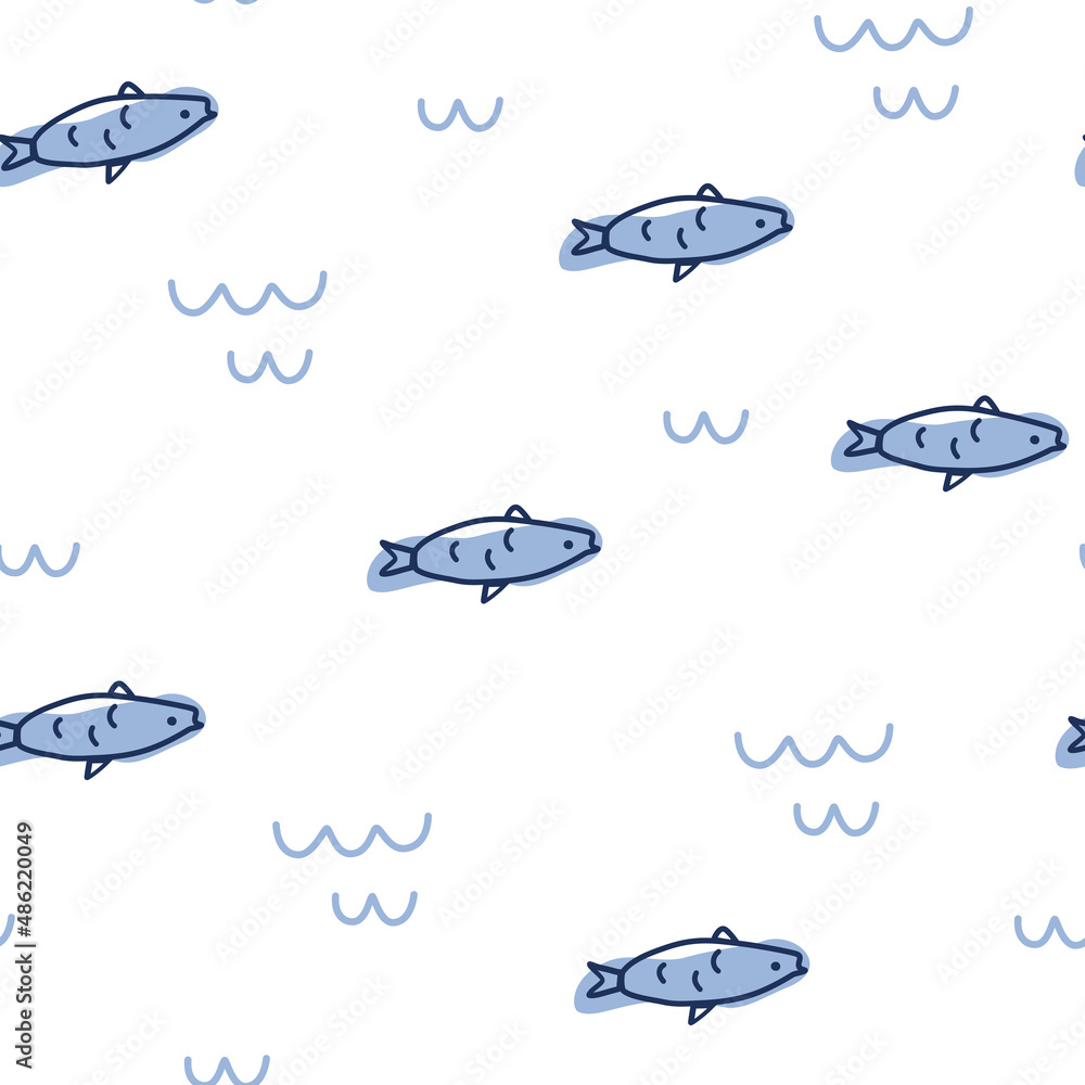 Fish seamless pattern. Perfect for fabric, packaging, wallpaper, textiles, clothing. Cartoon Sea Animals Vector illustration in Scandinavian style