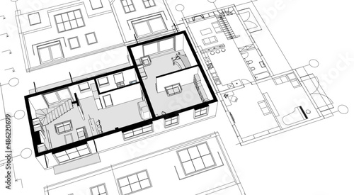 architecture traditional house plan 3d illustration