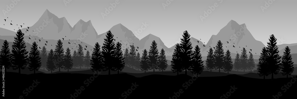 simple creative mountain forest landscape flat design vector ...