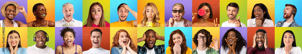 Multiracial men and women gesturing and grimacing on colorful backgrounds Multiracial men and women gesturing and grimacing on colorful backgrounds