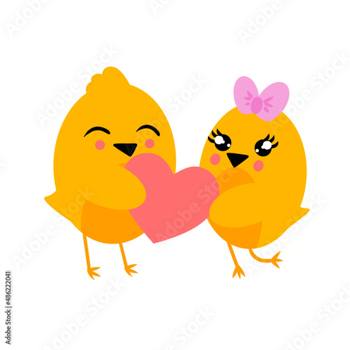 Charming couple of yellow chickens giving heart. Valentines Day. Vector illustration isolated on white background. Image intended for printing and use in design of clothing menu sites banners in