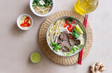 Pho Bo vietnamese soup with beef. Asian food. National cuisine.