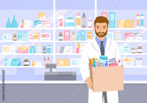 Young man pharmacist in white coat stands in front of shelves with medicines in drugstore holding paper bag with drugs bought in a pharmacy. Friendly dispensary seller gives the order to the buyer