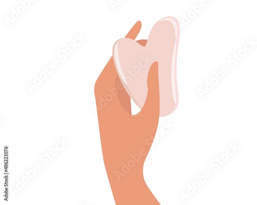 Human hand holding Gua sha stones. Facial gua sha massage tools. Korean skin care, type of massage. Natural rose quartz Stone Scraper. Beauty spa treatment. Color Flat cartoon vector illustration