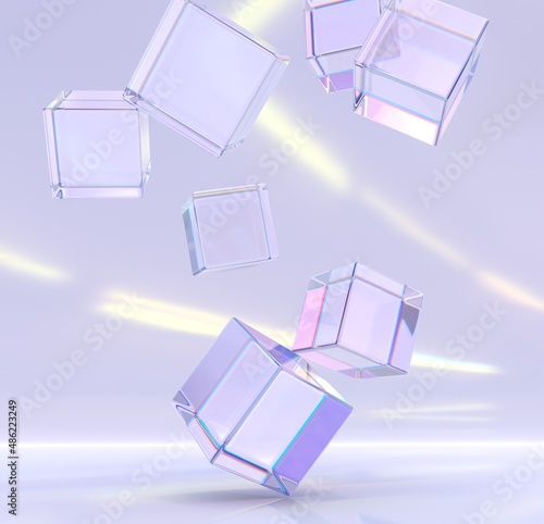 3D Quadrate Tapete - Fototapete Abstract geometric purple background with flying crystal cubes or blocks, refraction effect of rays in glass. Clear square boxes of acrylic or plexiglass in dispersion light, modern 3d wallpaper