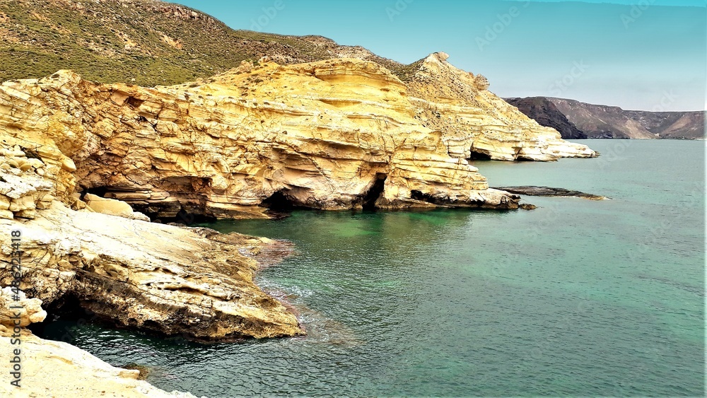Fossils of tertiary sediments, sandstones, calcarenites and limestones of Tortonian algae, reef limestones of the Mesinian, in the Playazo de Rodalquilar, Natural Park of Cabo de Gata, Almería, spain,