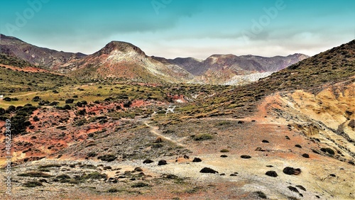 The volcanic desert of Cabo de Gata with a mantle of green grass due to the autumn rains  Almer  a  Andalusia  spain