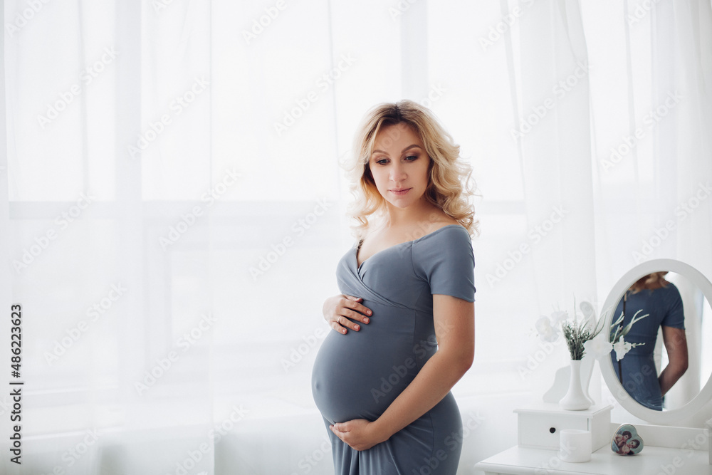 Gorgeous pregnant woman in long gray dress mbracing her stomach. Gorgeous pregnant woman in long gray dress mbracing her stomach.