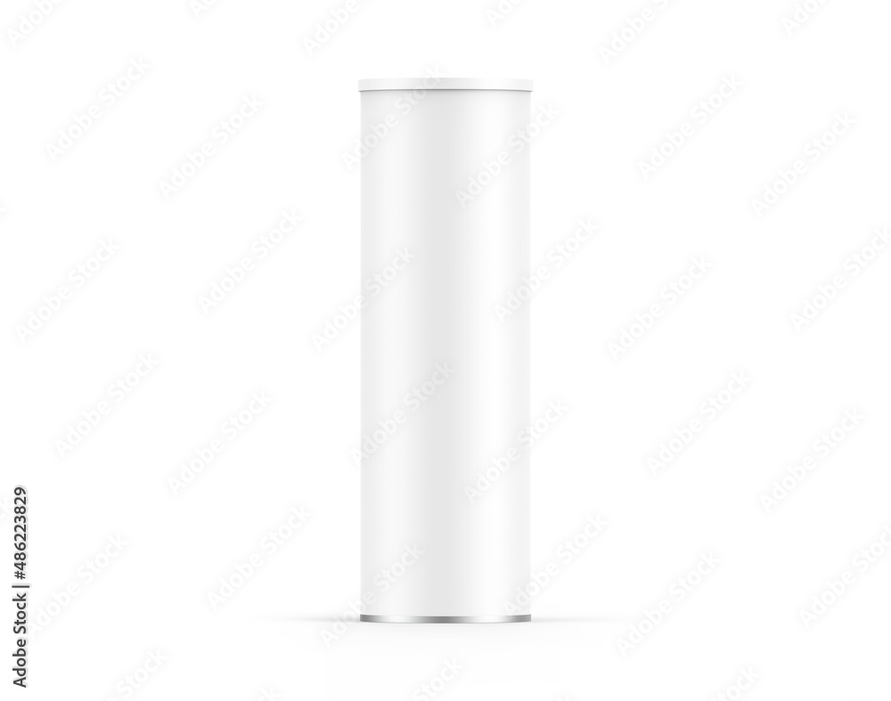 Blank paper snack tube mockup, white cardboard cylinder box mock up with plastic lid, 3d render illustration Blank paper snack tube mockup, white cardboard cylinder box mock up with plastic lid, 3d render illustration