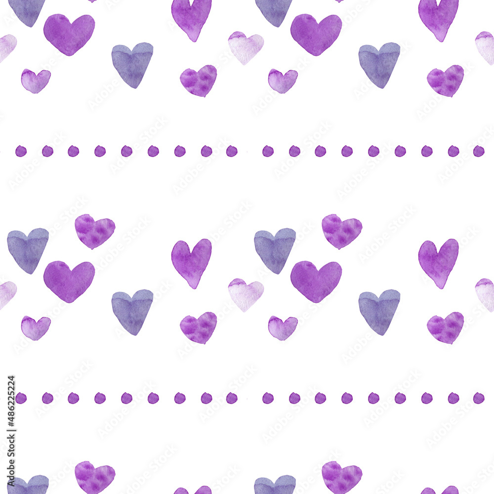 Watercolor seamless Valentine's Day pattern in lilac on white isolated background.Spring,abstract,hand painted floral print.Designs for scrapbooking,packaging,wrapping paper,textiles,fabric.