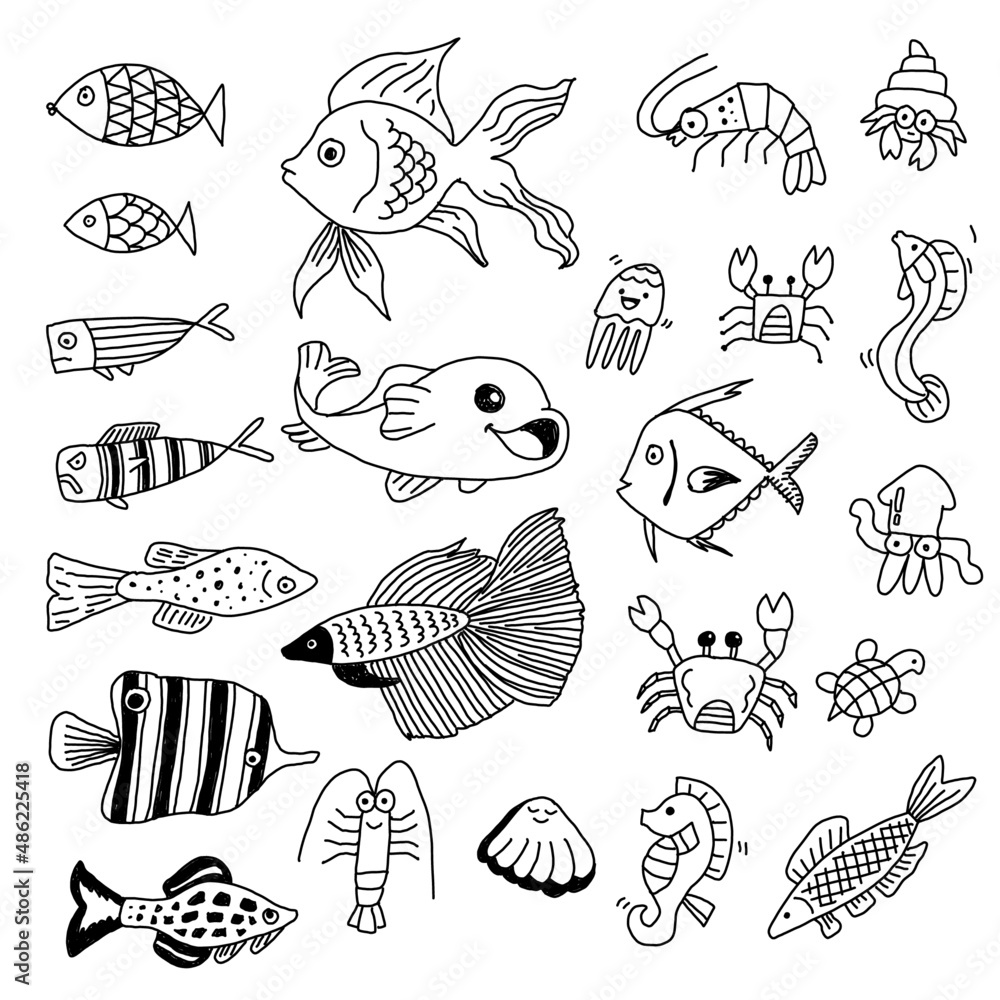 Under the sea fishes hand made vector doodle drawing illustration set collection Under the sea fishes hand made vector doodle drawing illustration set collection
