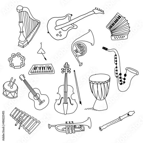 Musical instruments hand made vector doodle drawing illustration set collection photo
