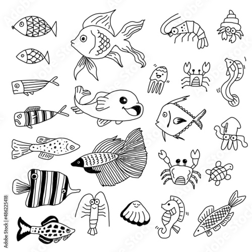 Under the sea fishes hand made vector doodle drawing illustration set collection