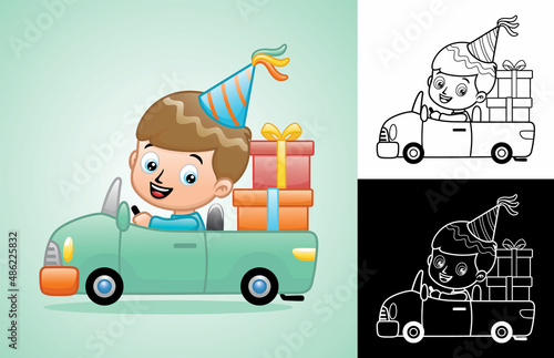 Cartoon of a boy wearing cone hat riding car carrying gifts