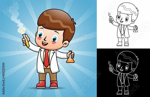 Little scientist cartoon using chemistry test tubes doing science experiments