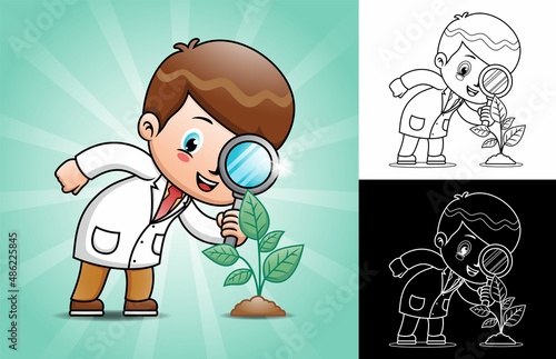 Little scientist cartoon examines leaf of tree through magnifying glass