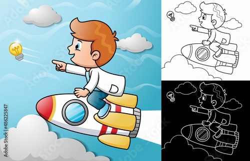 Little scientist cartoon riding on rocket chasing flying bulb
