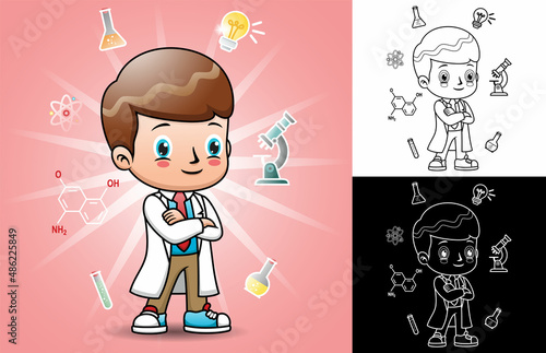 Little scientist cartoon with icon elements of laboratory equipment