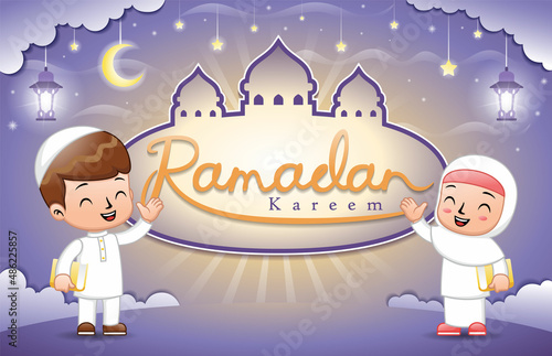 Cute Muslim kids holding Quran at Ramadan night on mosque frame background