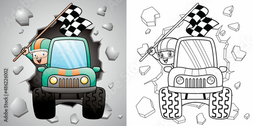 Cartoon of a boy holding finish flag on race truck. Coloring book or page