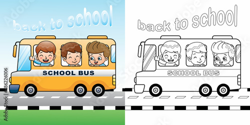 Cartoon of funny students on school bus. Coloring book or page