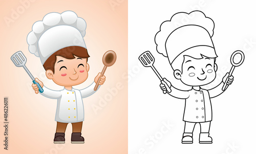 Cartoon of boy in chef uniform holding spoon and spatula. Coloring book or page